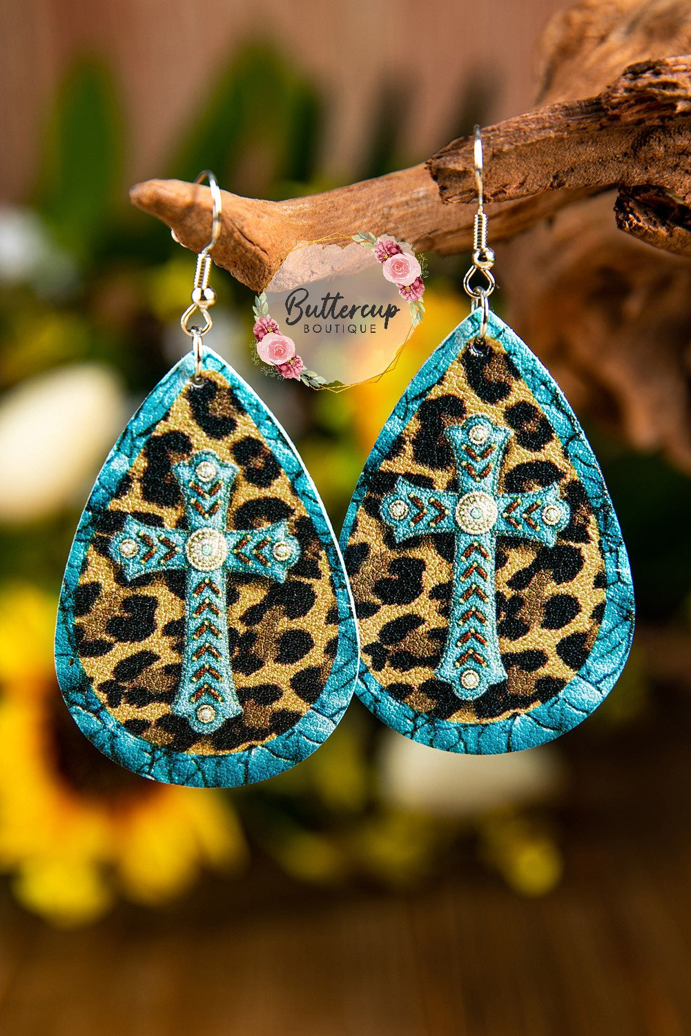 Leopard Teardrop Cross Earrings