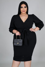 Load image into Gallery viewer, Black Puff Sleeve Wrap Dress - Plus Size
