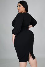 Load image into Gallery viewer, Black Puff Sleeve Wrap Dress - Plus Size
